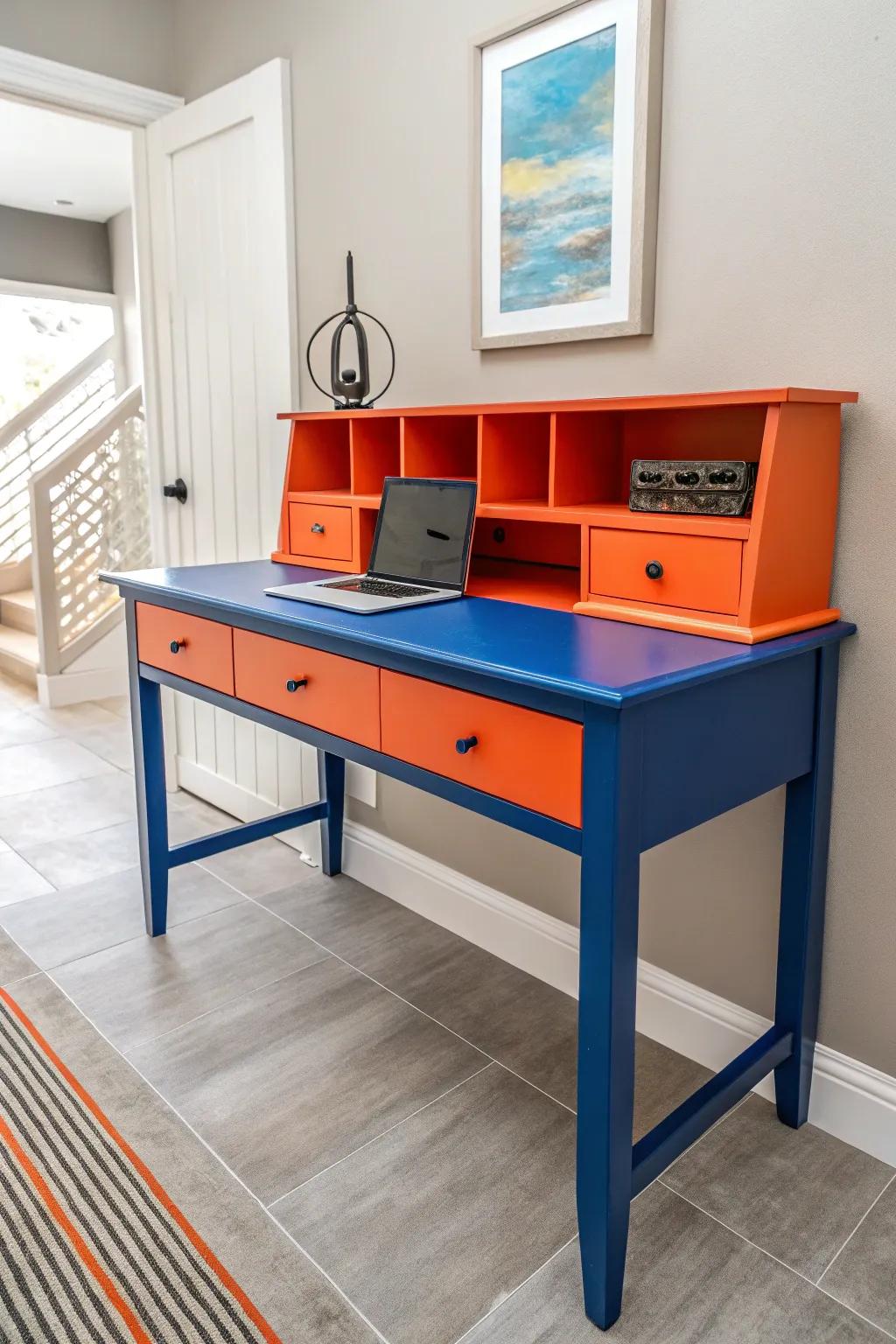 A desk that stands out with striking color contrasts.