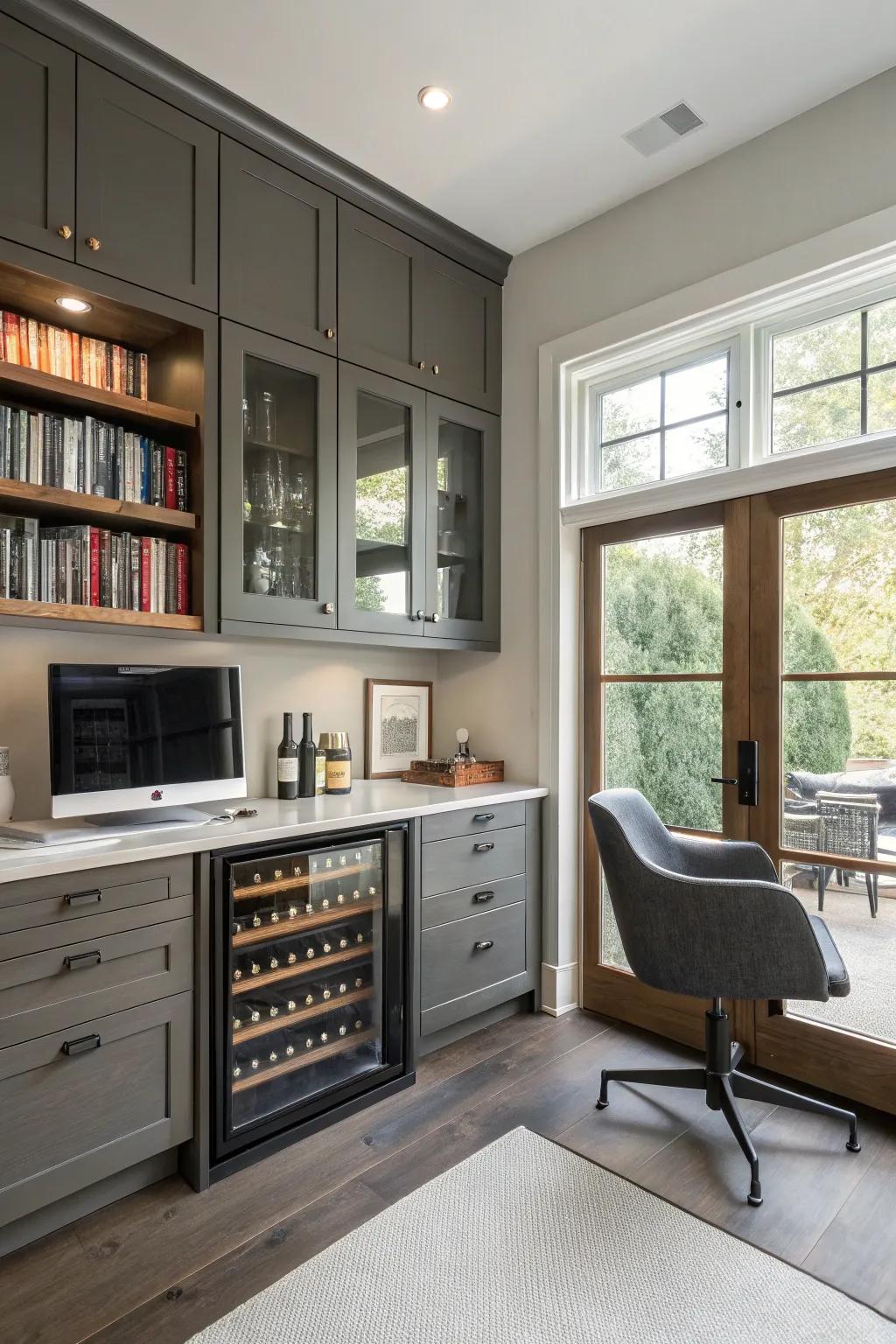 Elevate your home office with a beverage cooler for a touch of sophistication.