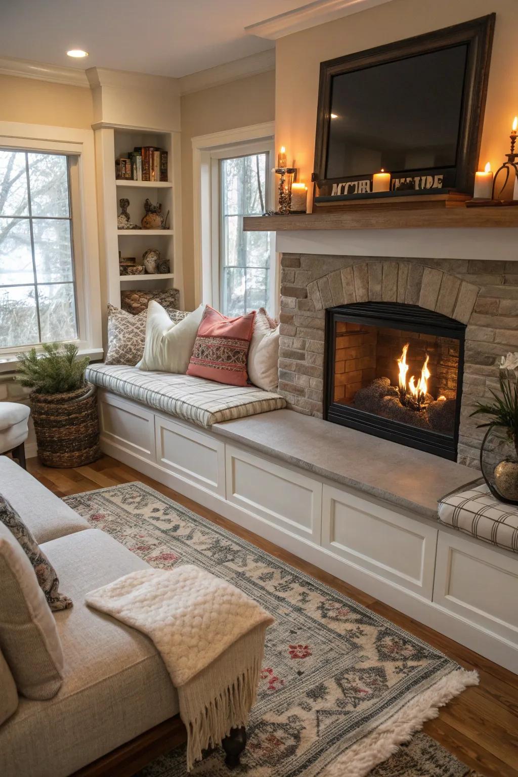 Bench seating encircling the fireplace furnishes coziness and style.