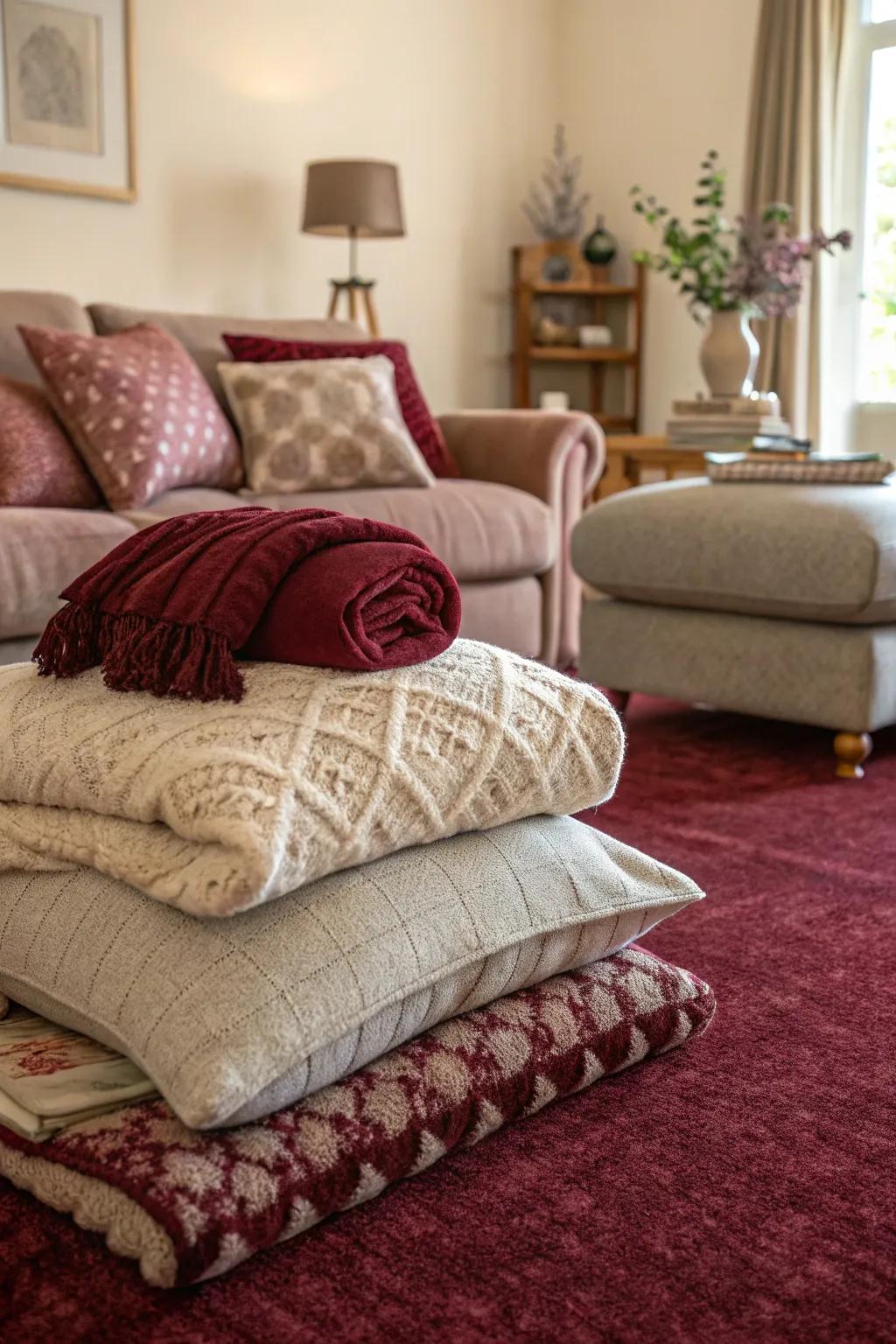 Gentle furnishings layered on a maroon carpet craft a personal hideaway.