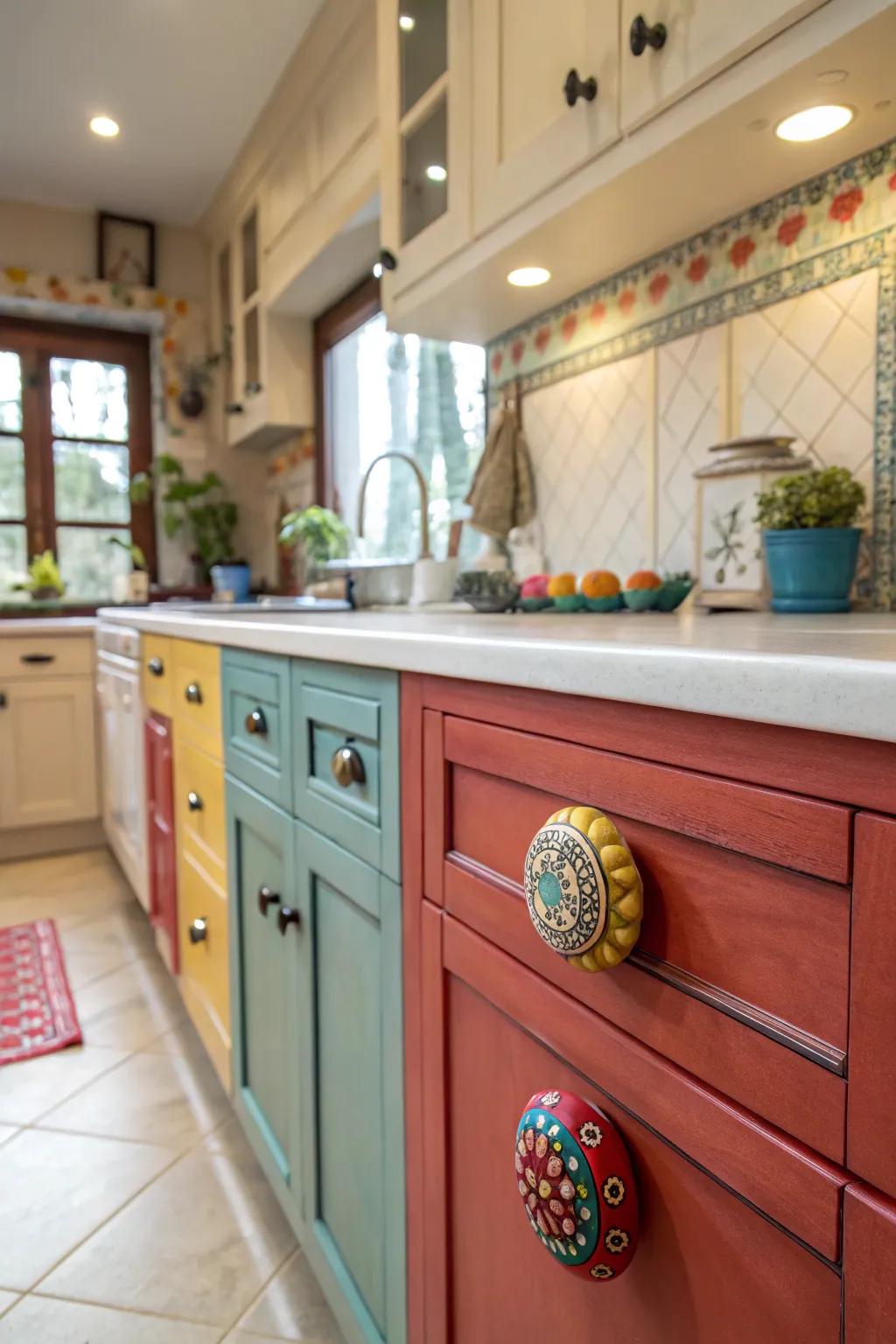 Hand-painted knobs add artistic flair and character to creative cabinets.
