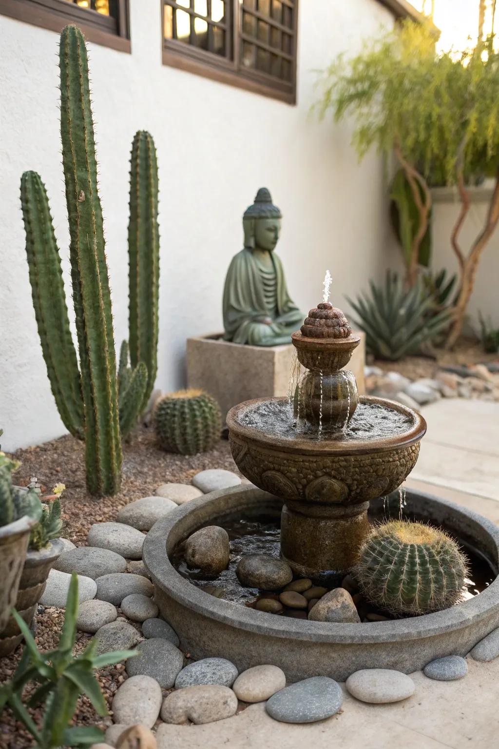 A zen fountain with cacti for a tranquil meditation space.