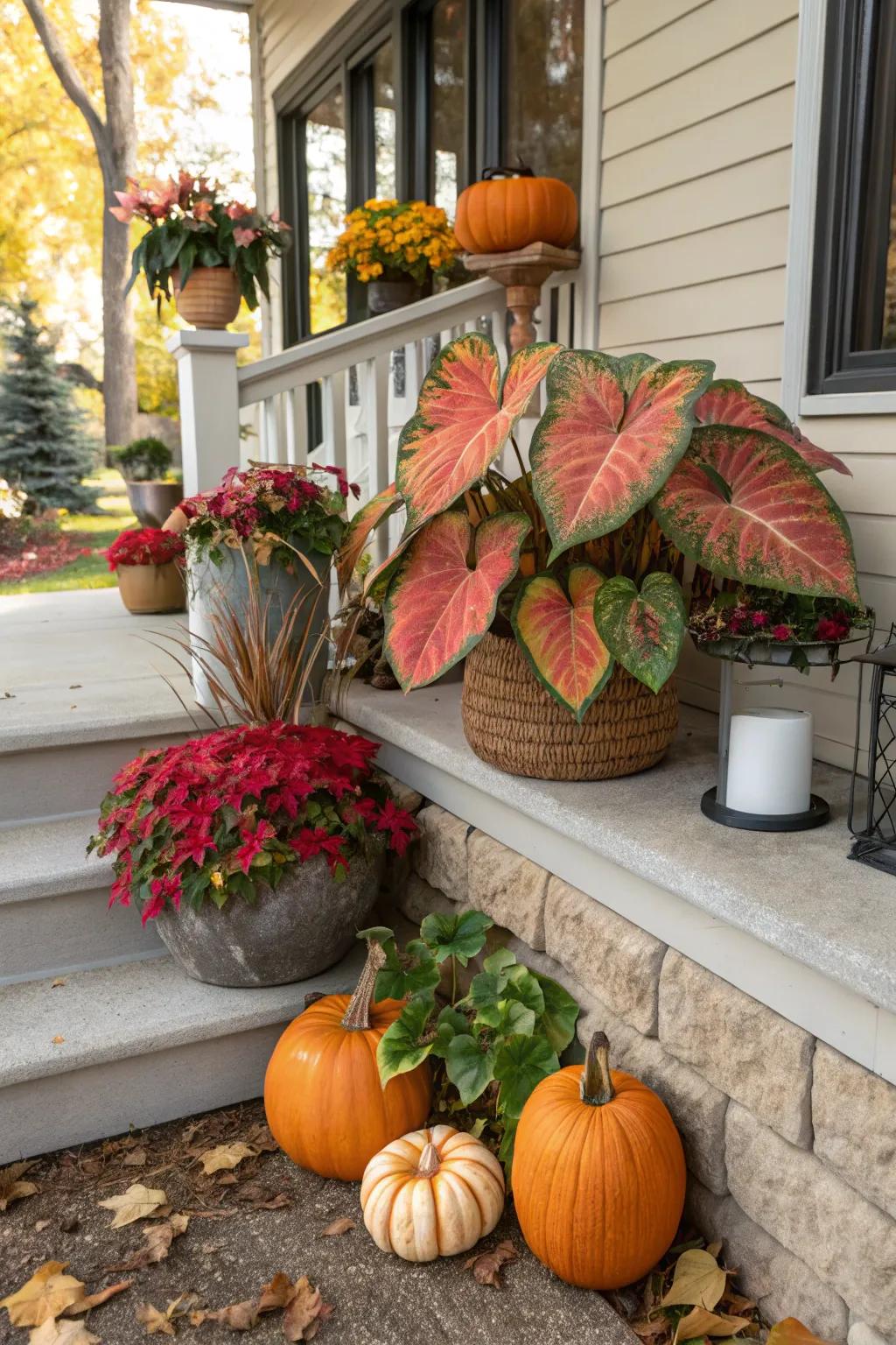 Seasonal accents keep caladium displays fresh and timely.