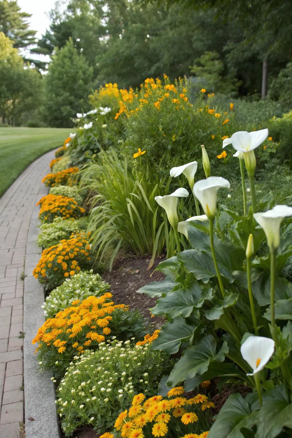 Neighboring cultivation with calla lilies for a vibrant border.