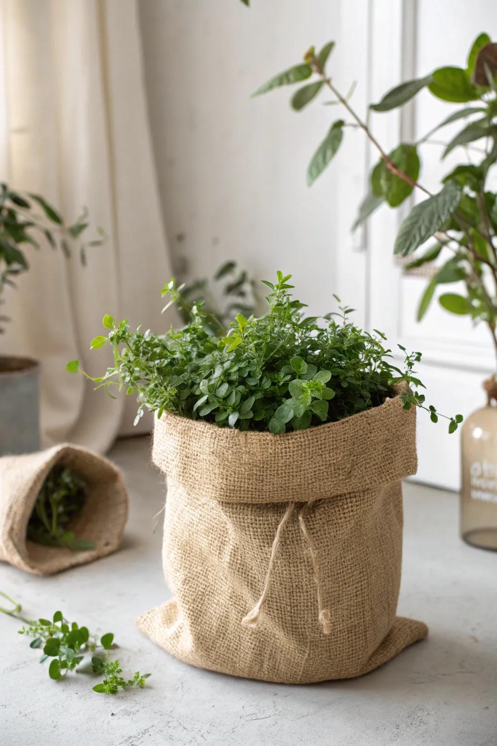 Elevate your garden with rustic charm: Burlap sack planters for a touch of natural beauty.