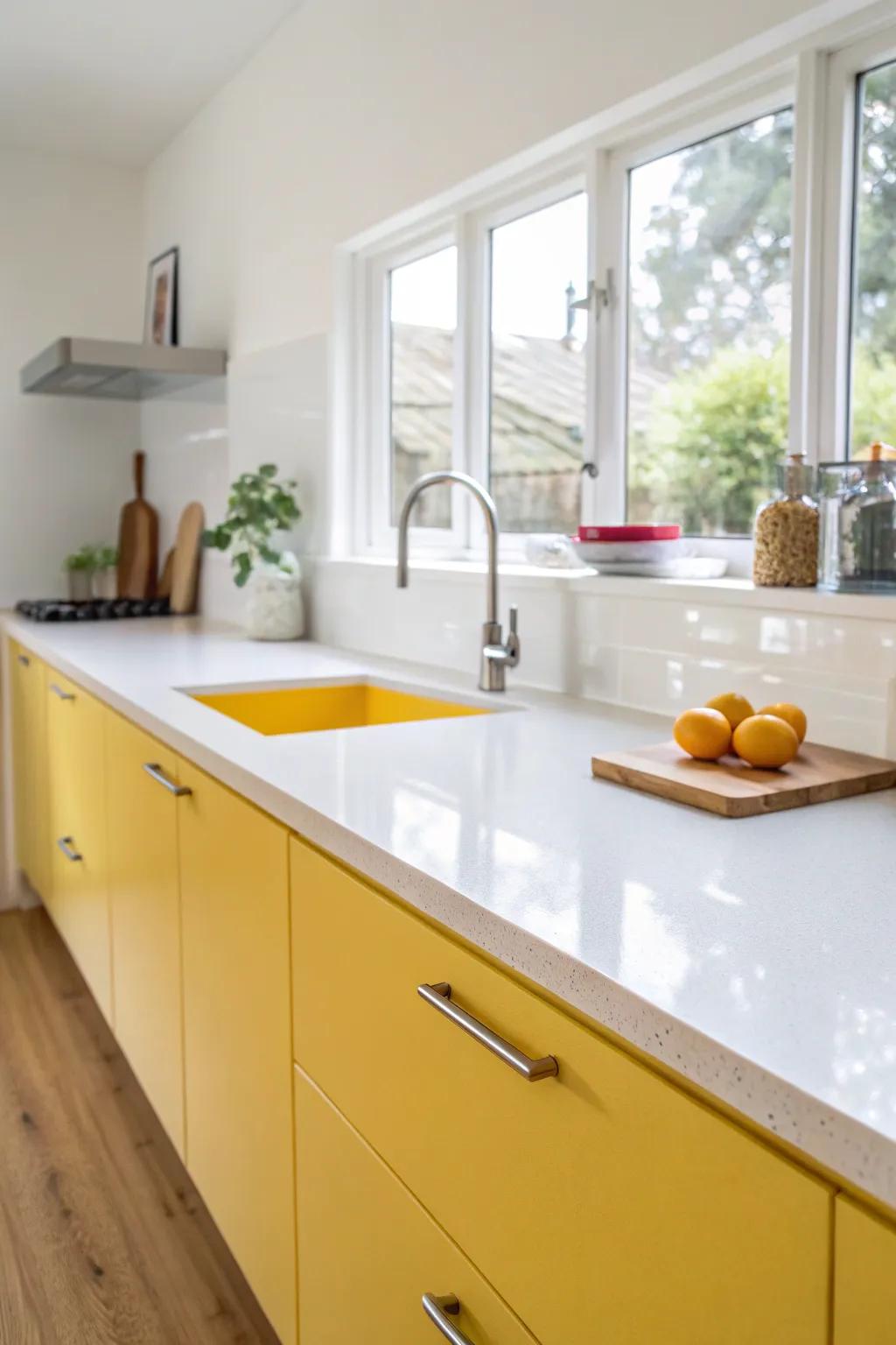Modern kitchen with seamless acrylic countertops.