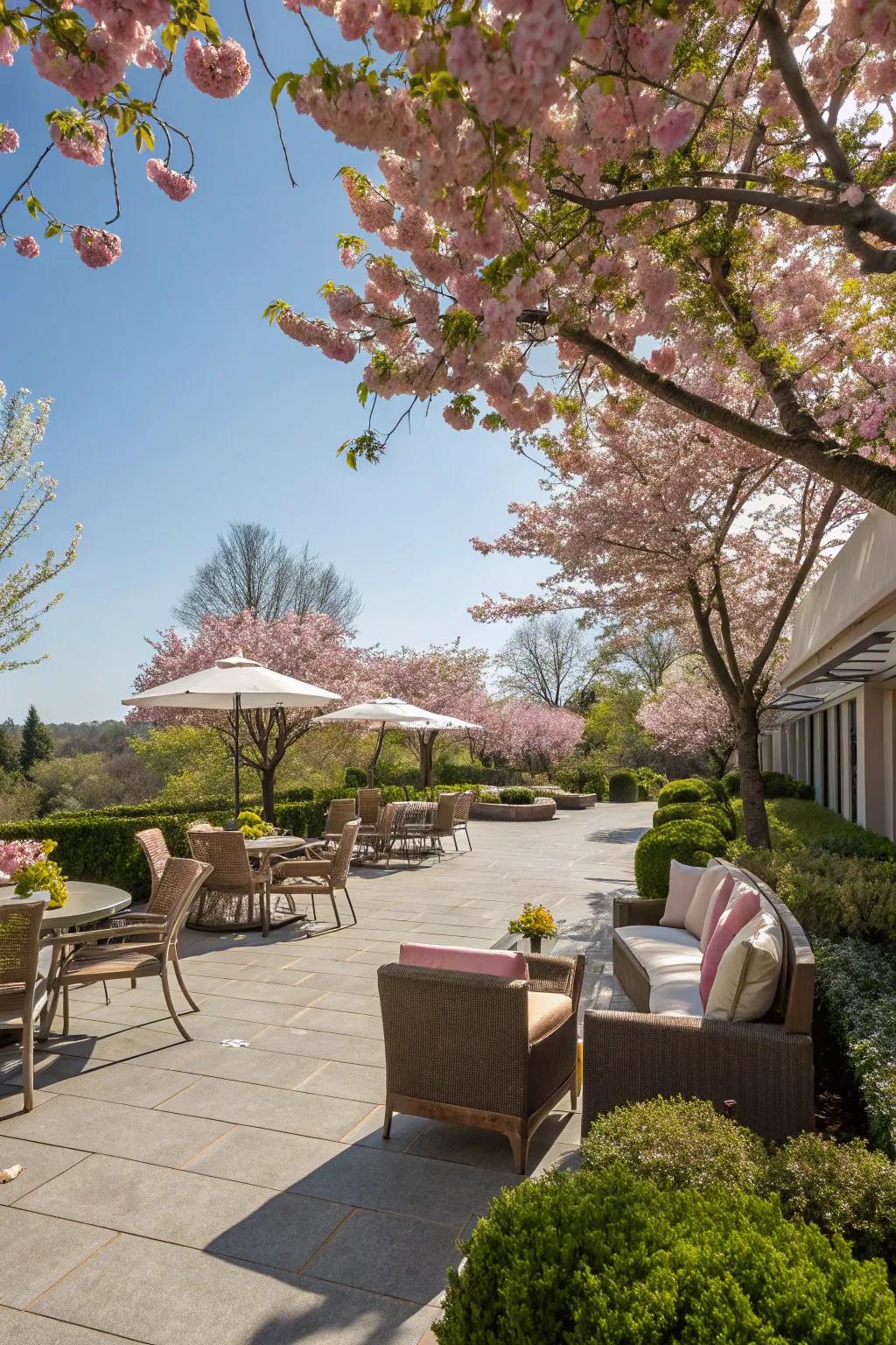Cherry blossom arrangements add color and tranquility to this outdoor patio.