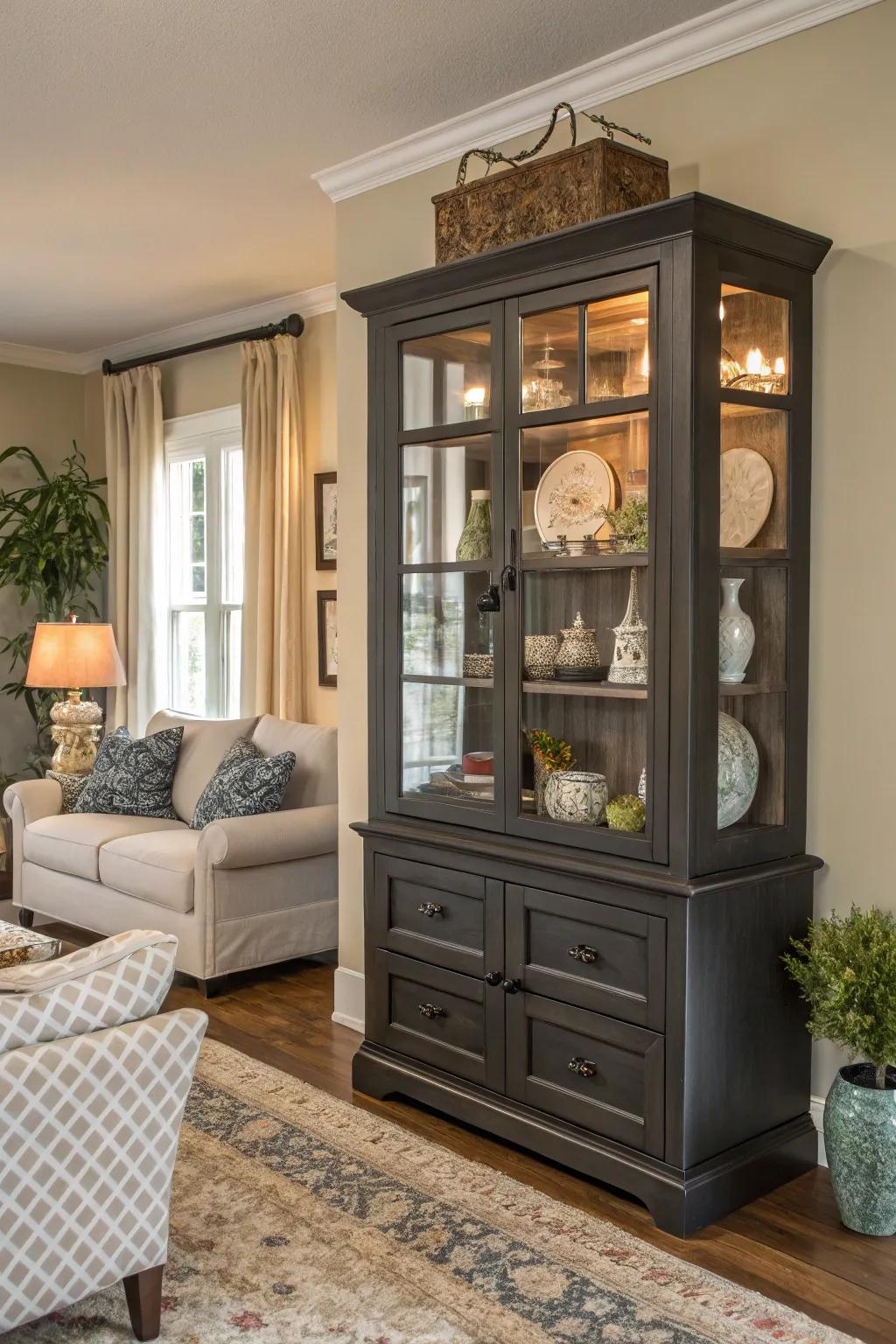 Multi-use display hutch for storage and display.