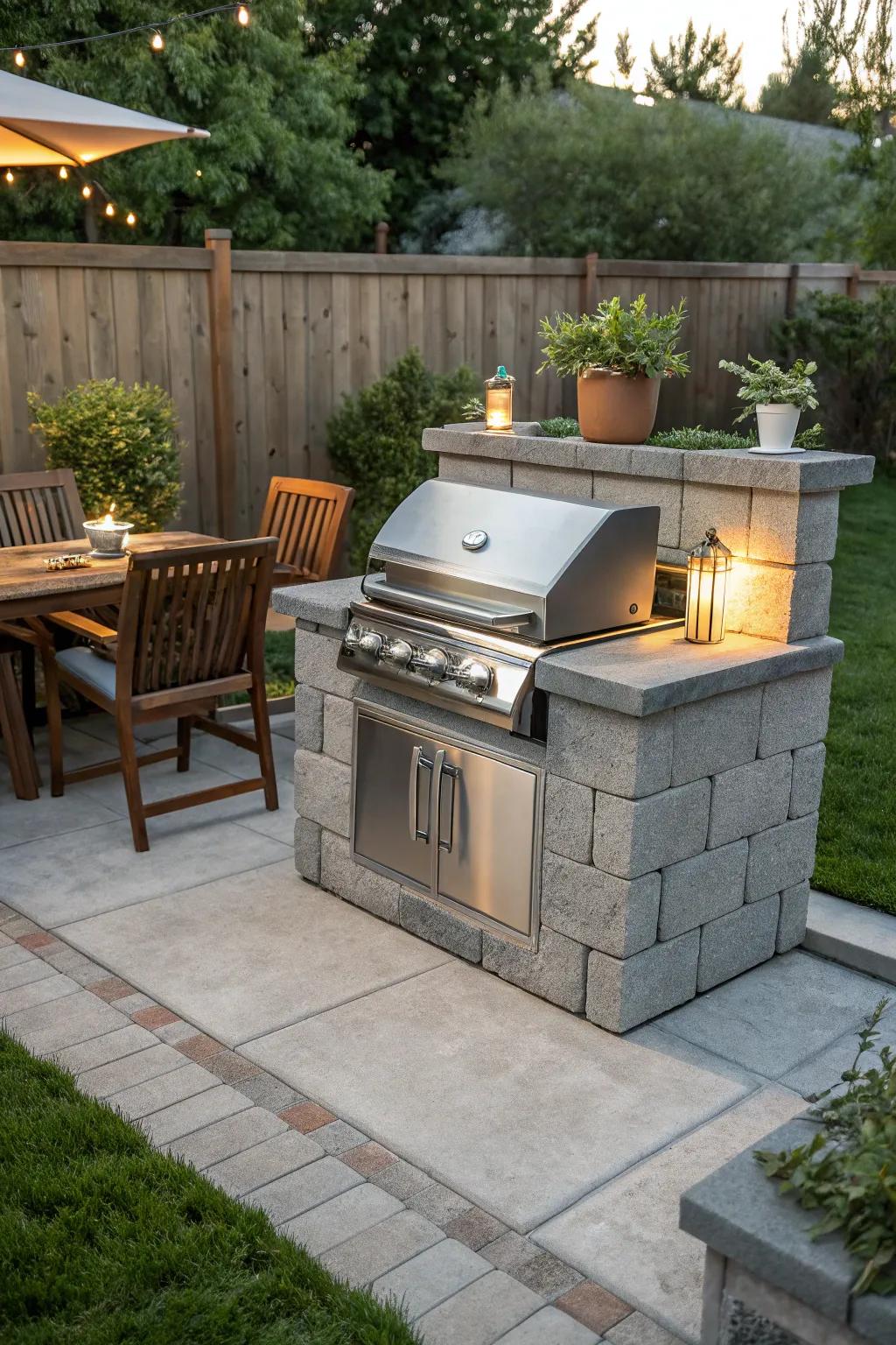 Transform your patio with a stylish cinder block grill station – where modern design meets cozy outdoor living.