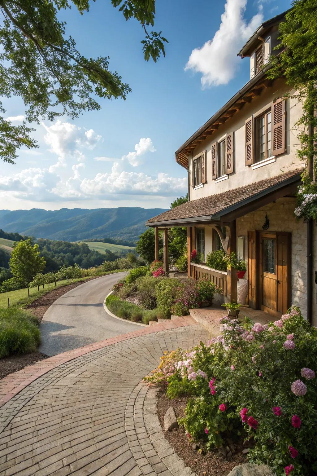 A cozy circular driveway with rustic wood details.