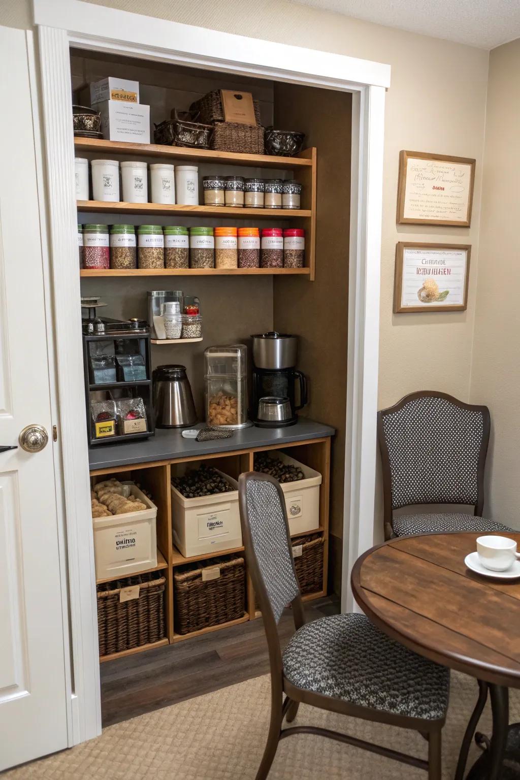 Converting a closet into a coffee station maximizes space usage efficiently.