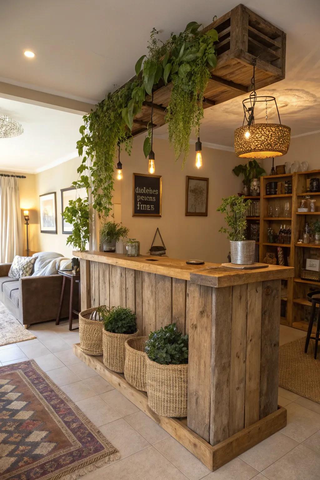 Eco-friendly choices create a sustainable and stylish bar.