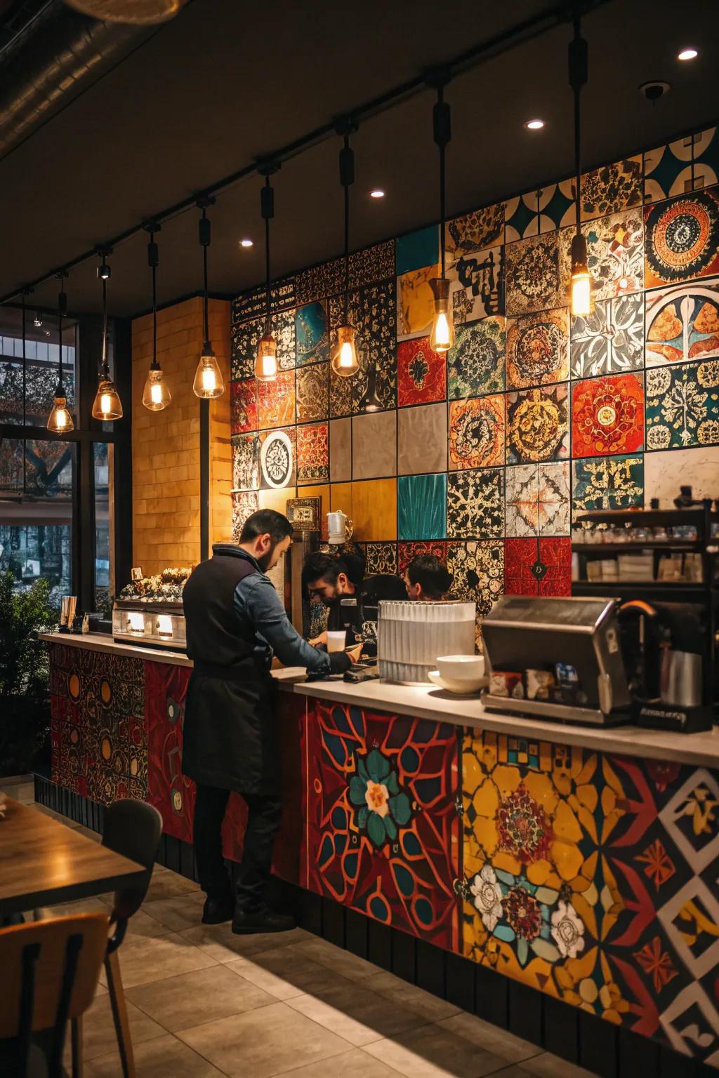 A coffee bar with a striking audacious tile backsplash.