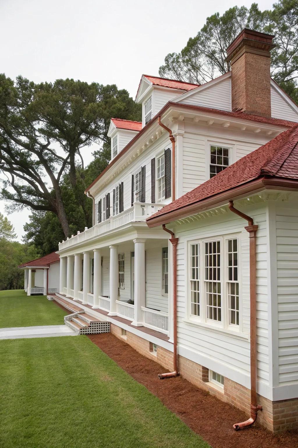 Colonial-style home with copper gutters.