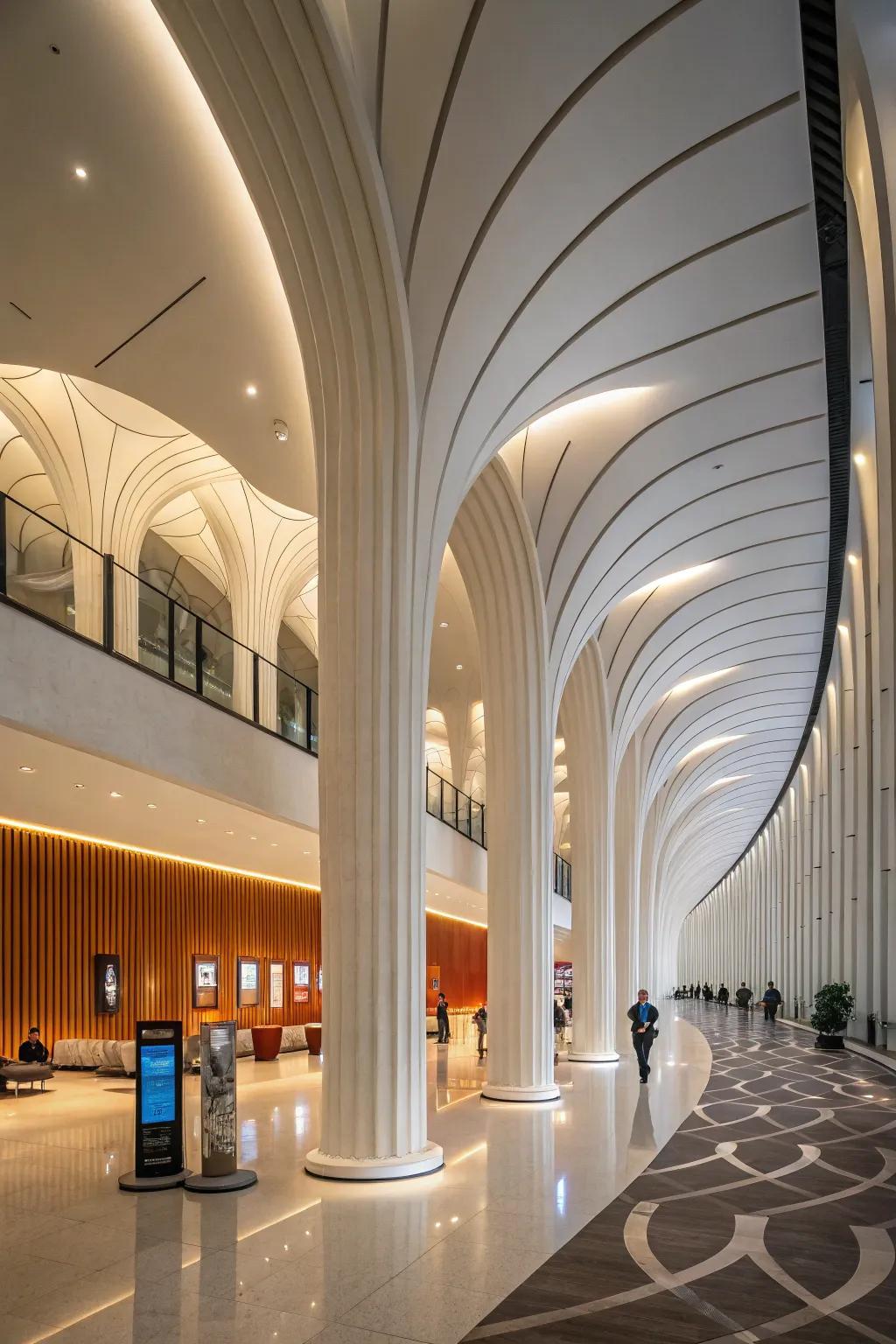 Curved columns introducing a dynamic flow to a modern interior.