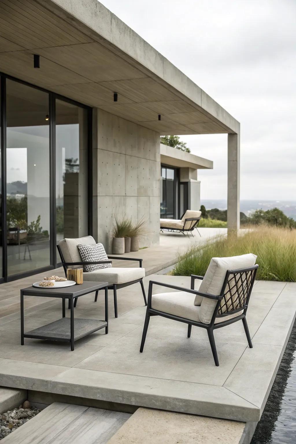 A minimalist concrete patio featuring sleek furniture and a calm, neutral palette.