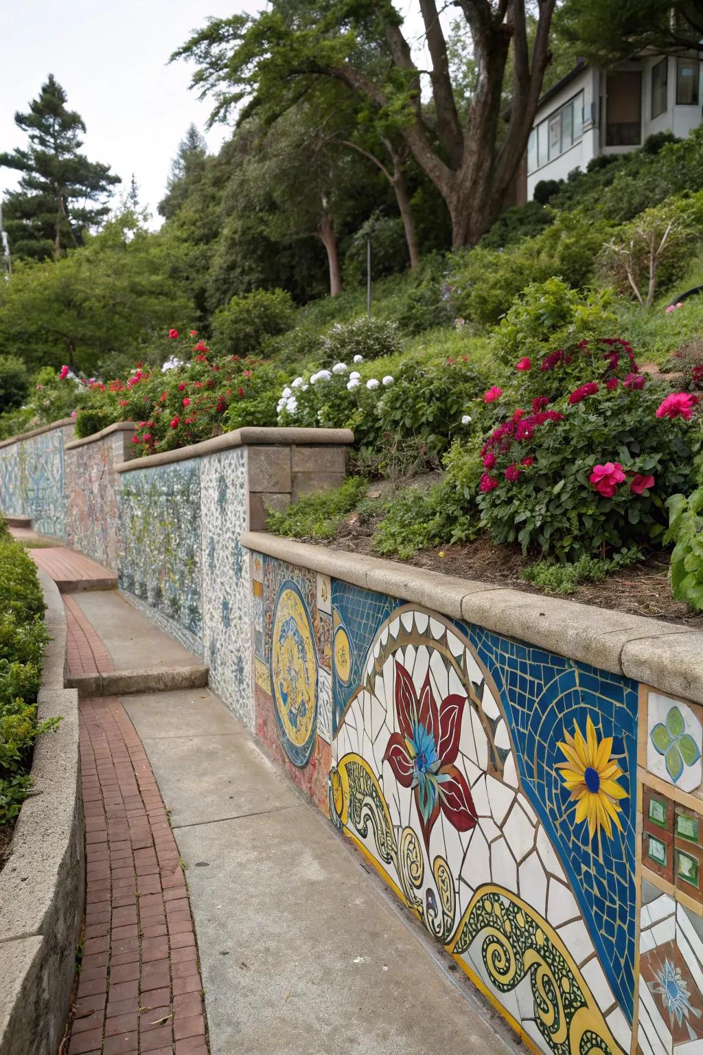 Artistic mosaic designs personalize and beautify retaining structures.
