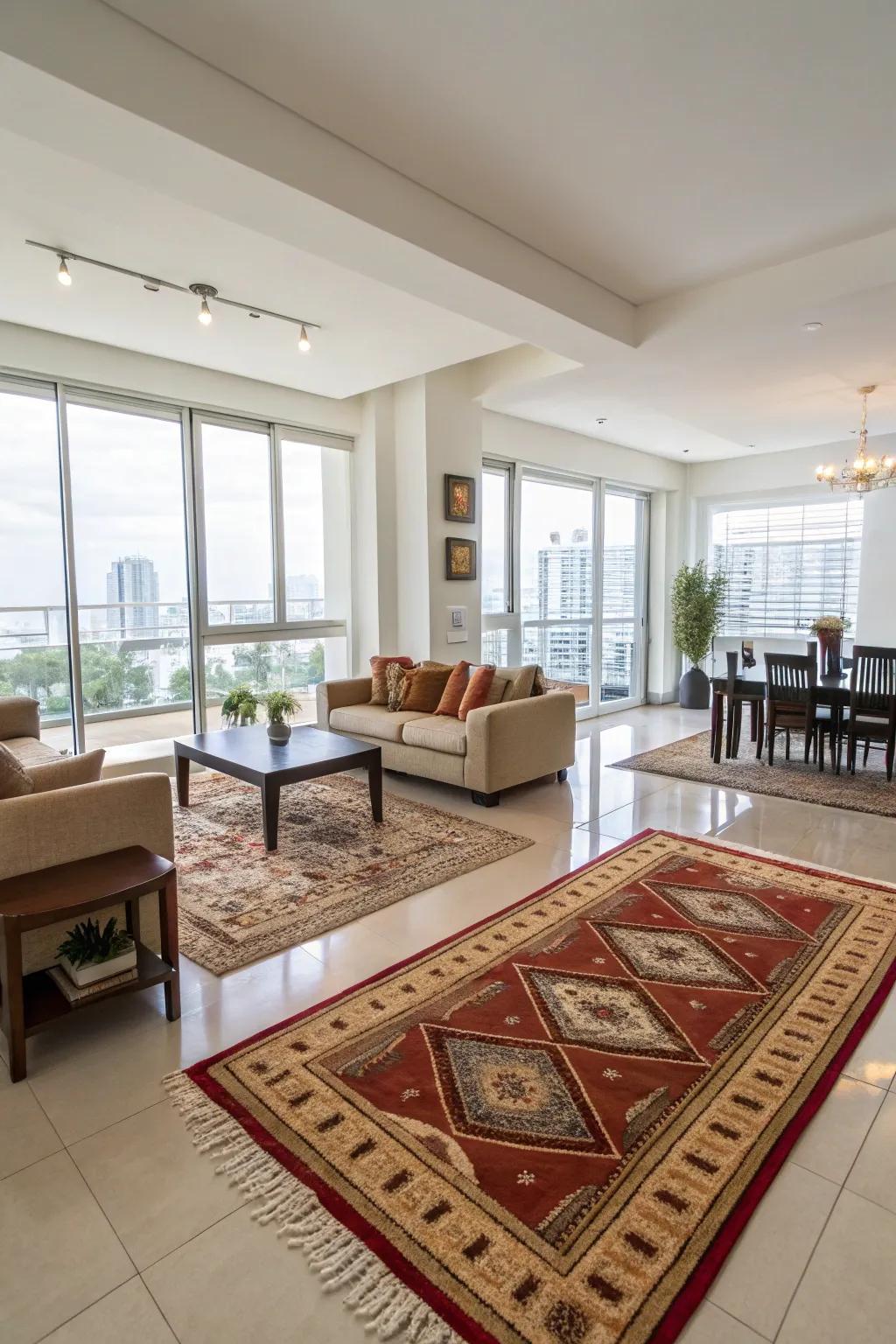 An open-plan condo with rugs defining living and dining areas.