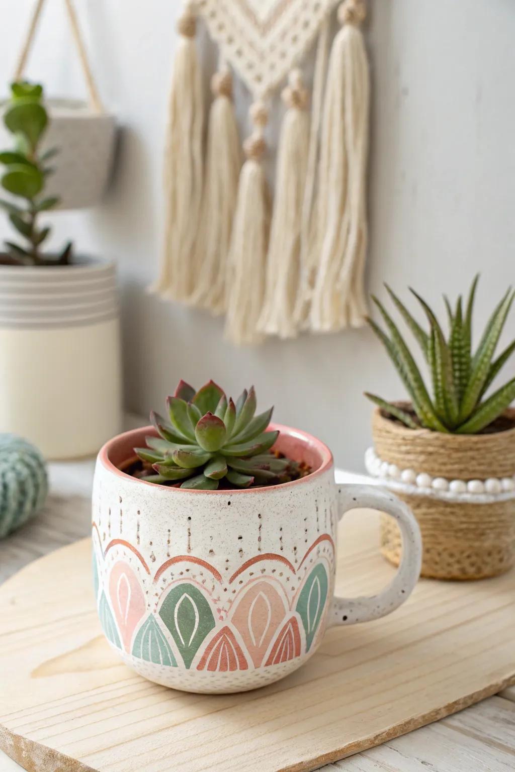 Add a touch of whimsy and nature to your space with a quirky ceramic mug succulent planter.