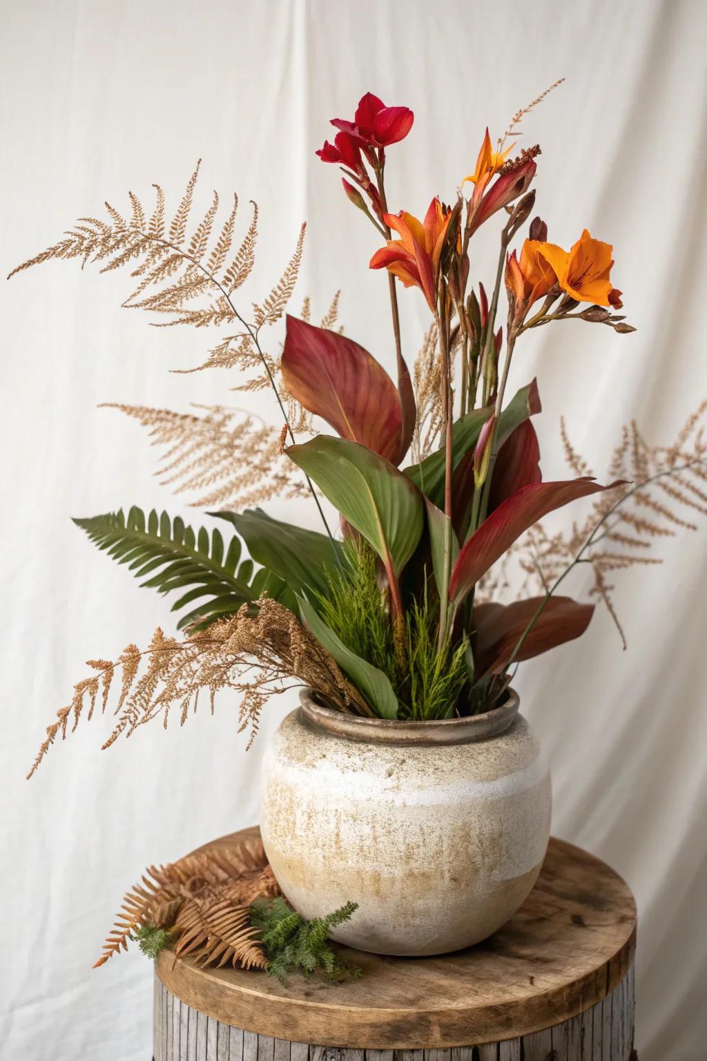 Elevate your space with the lush layers of canna lilies, ferns, and grasses - a perfect blend of simplicity and natural beauty.