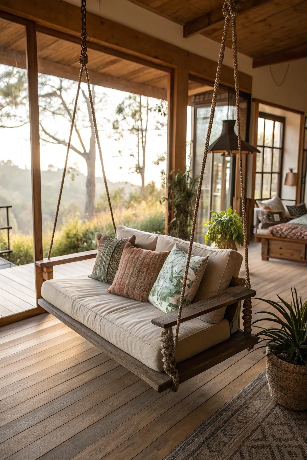 Exterior inspired aspects introduce a revitalizing and whimsical touch to this living space.