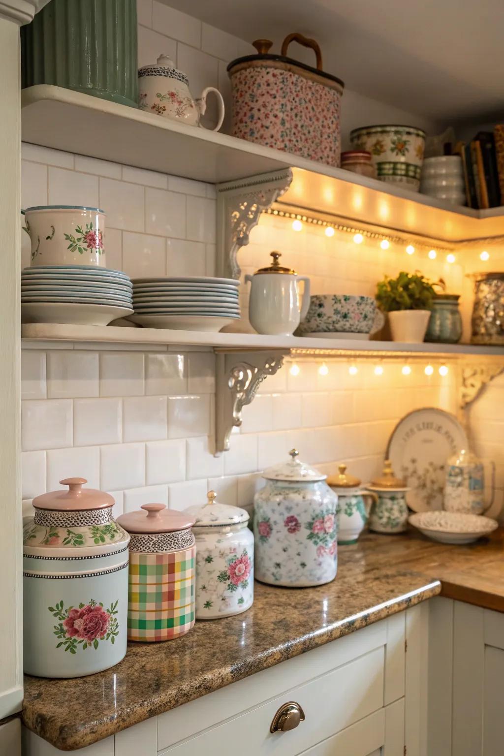 Vintage flair on shelves tells a story and adds character.