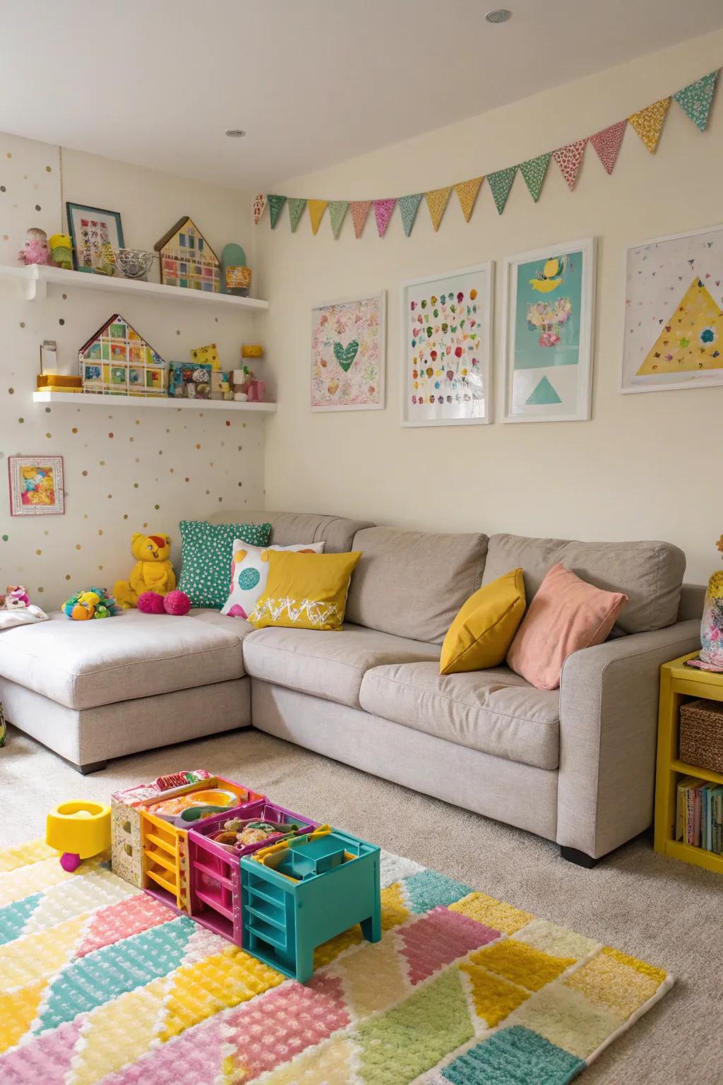 Design a kid-friendly zone with a corner sofa that offers both play and relaxation.
