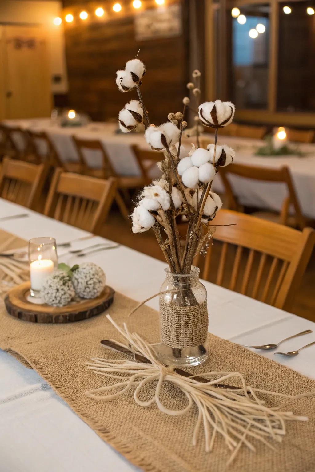 Rustic elegance with twine, burlap, and cotton.
