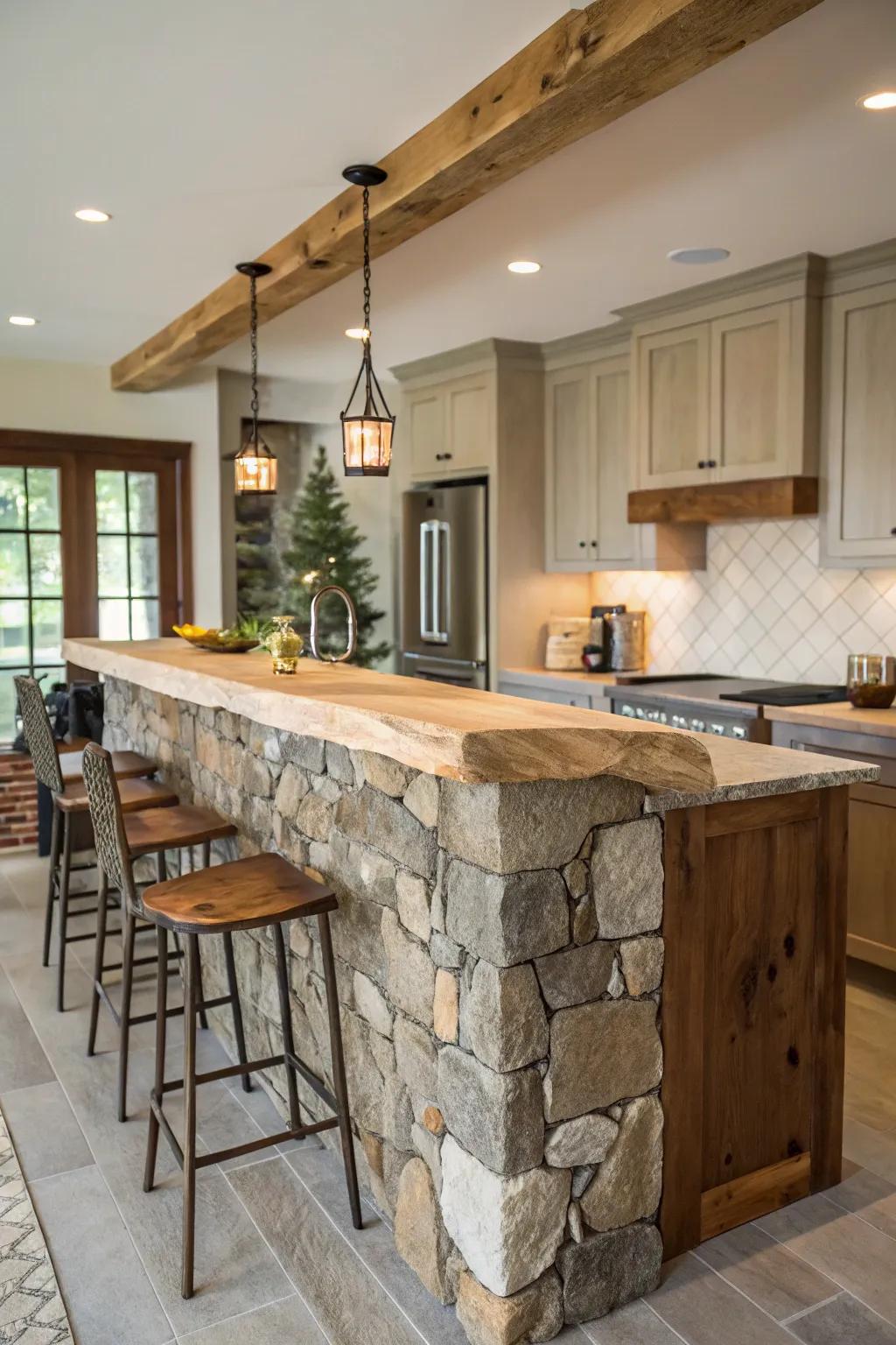 A kitchen with a countertop bar incorporating natural elements.