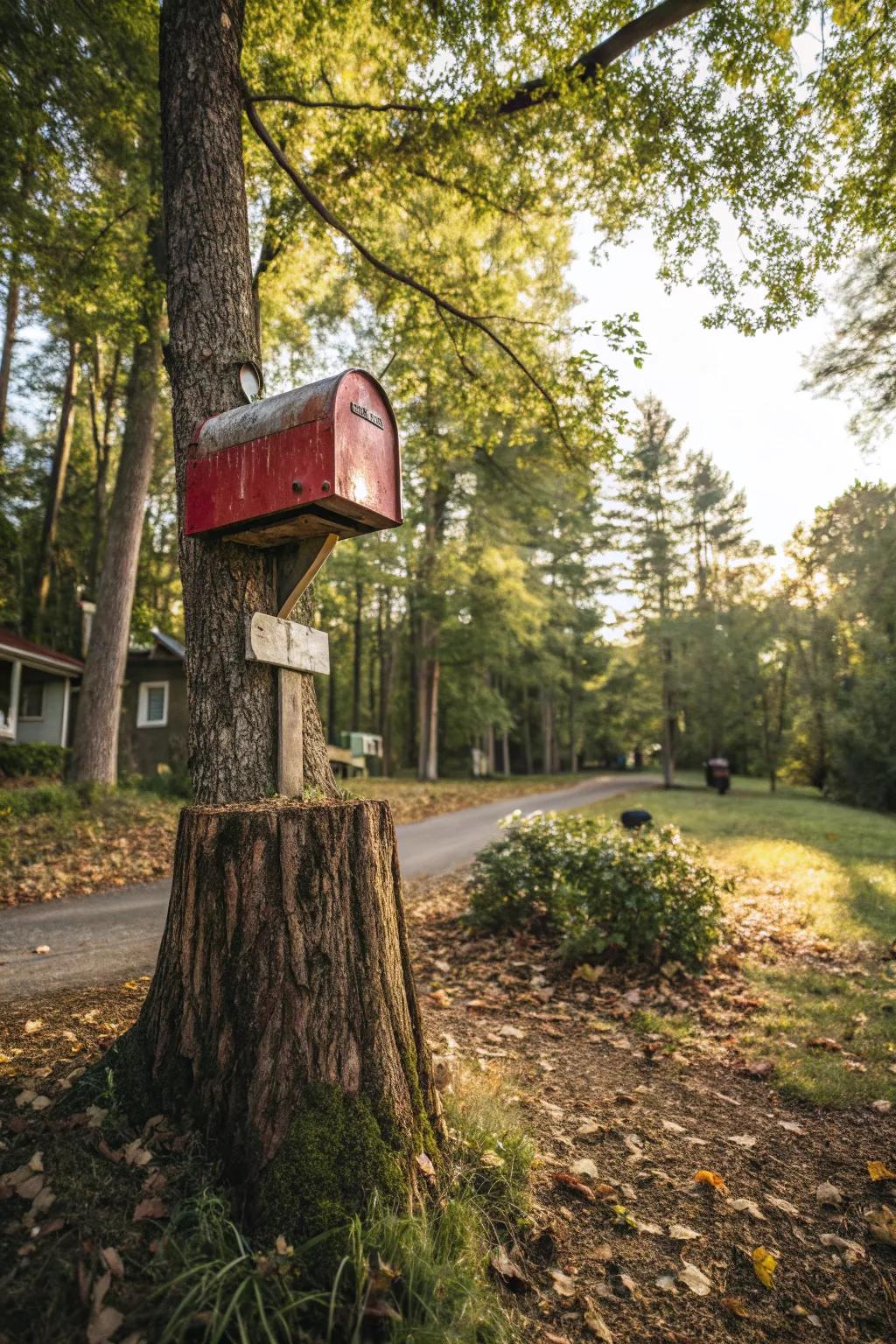 A tree base offers a rustic and sustainable mailbox solution.