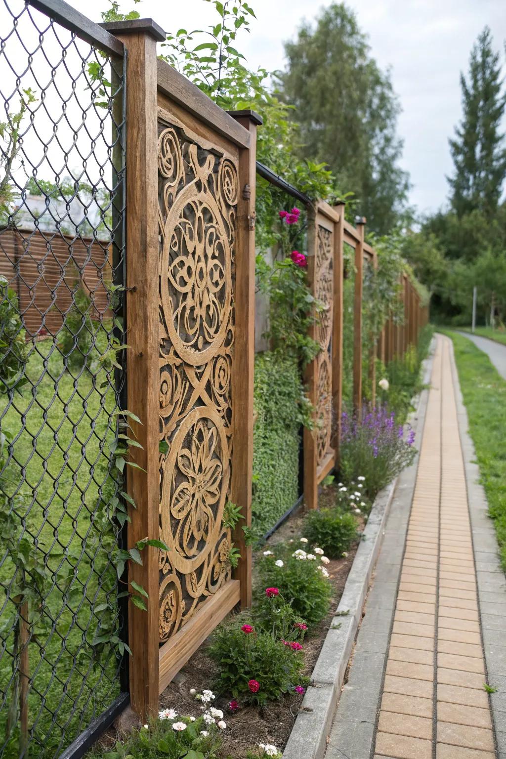 Artistic wood patterns elevate link netting fences into statement pieces.