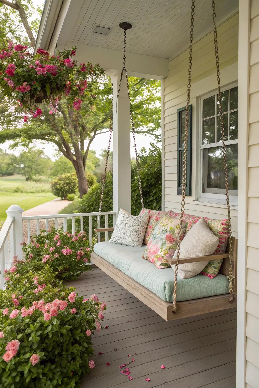 A porch swing offers a delightful spot to unwind and relax.