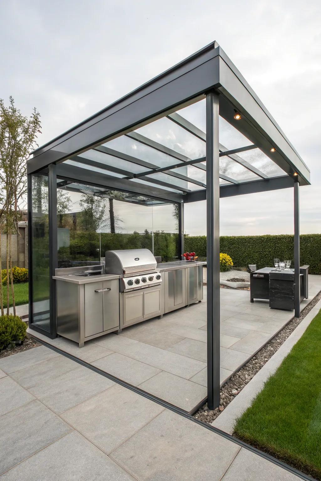 A metal and glass pavilion offering a modern, sleek grilling space.