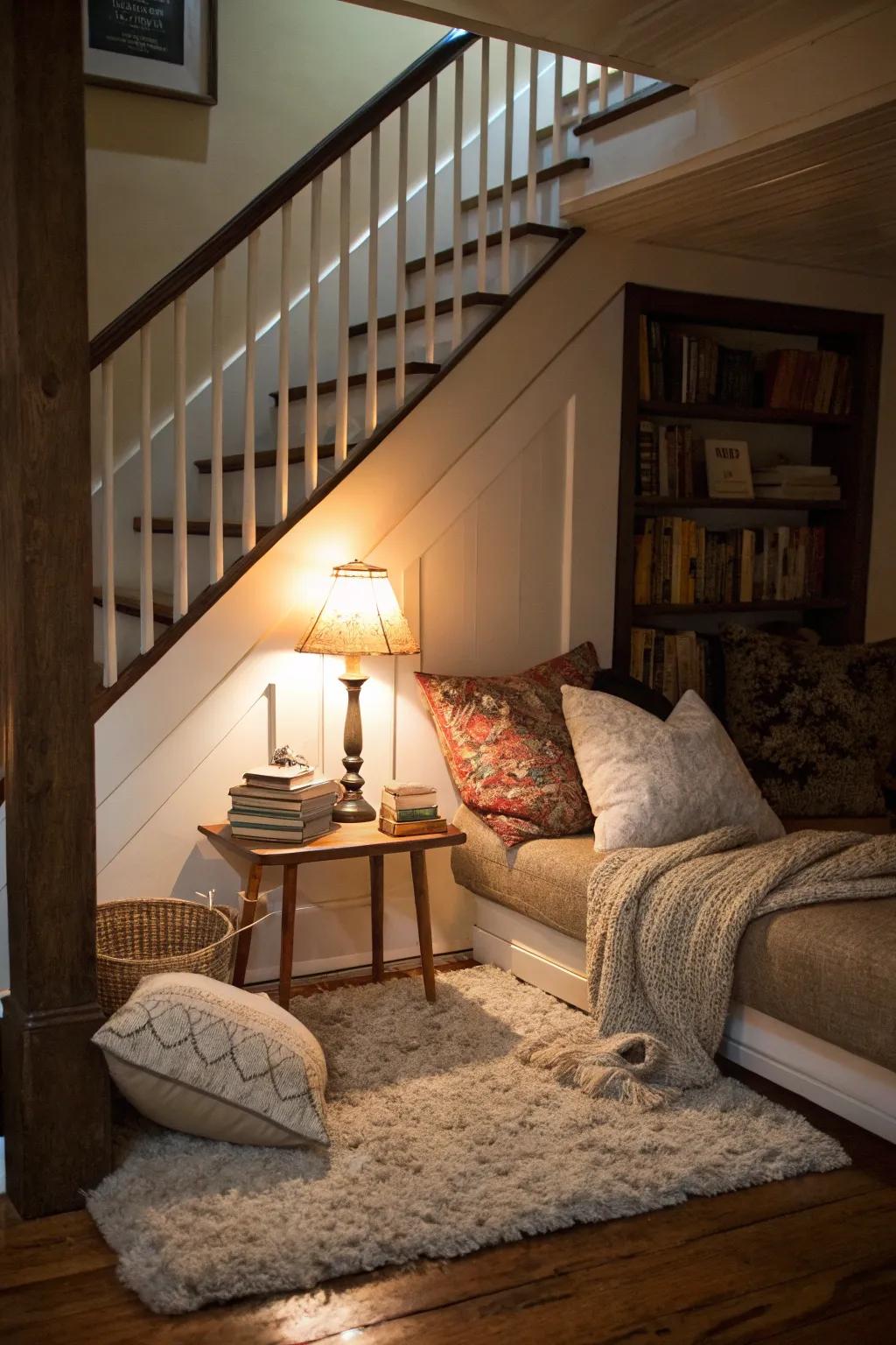 An under-stair reading space shows a unique use of space.