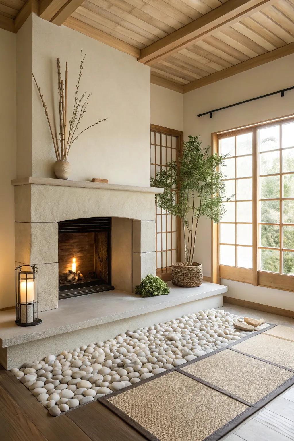 A Asian minimalist hearth that gives off calm and class.
