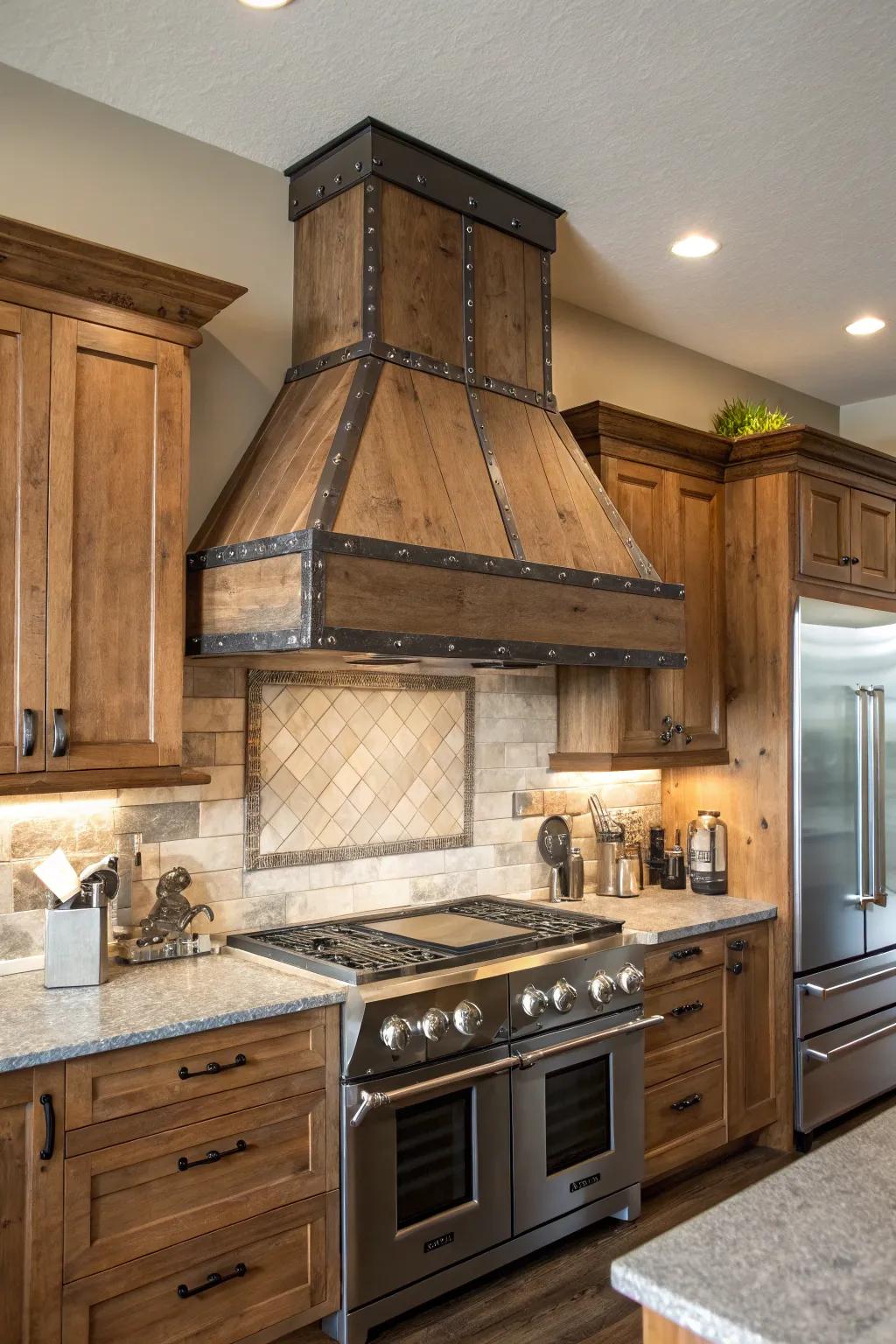 Mixed materials result in a custom range hood design.