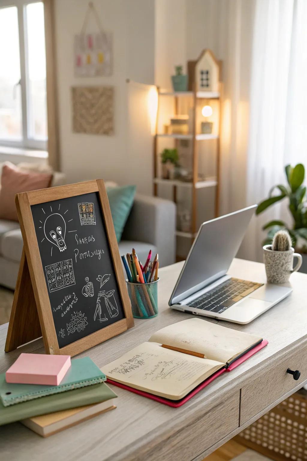 A desk with a chalkboard for a creative workspace.