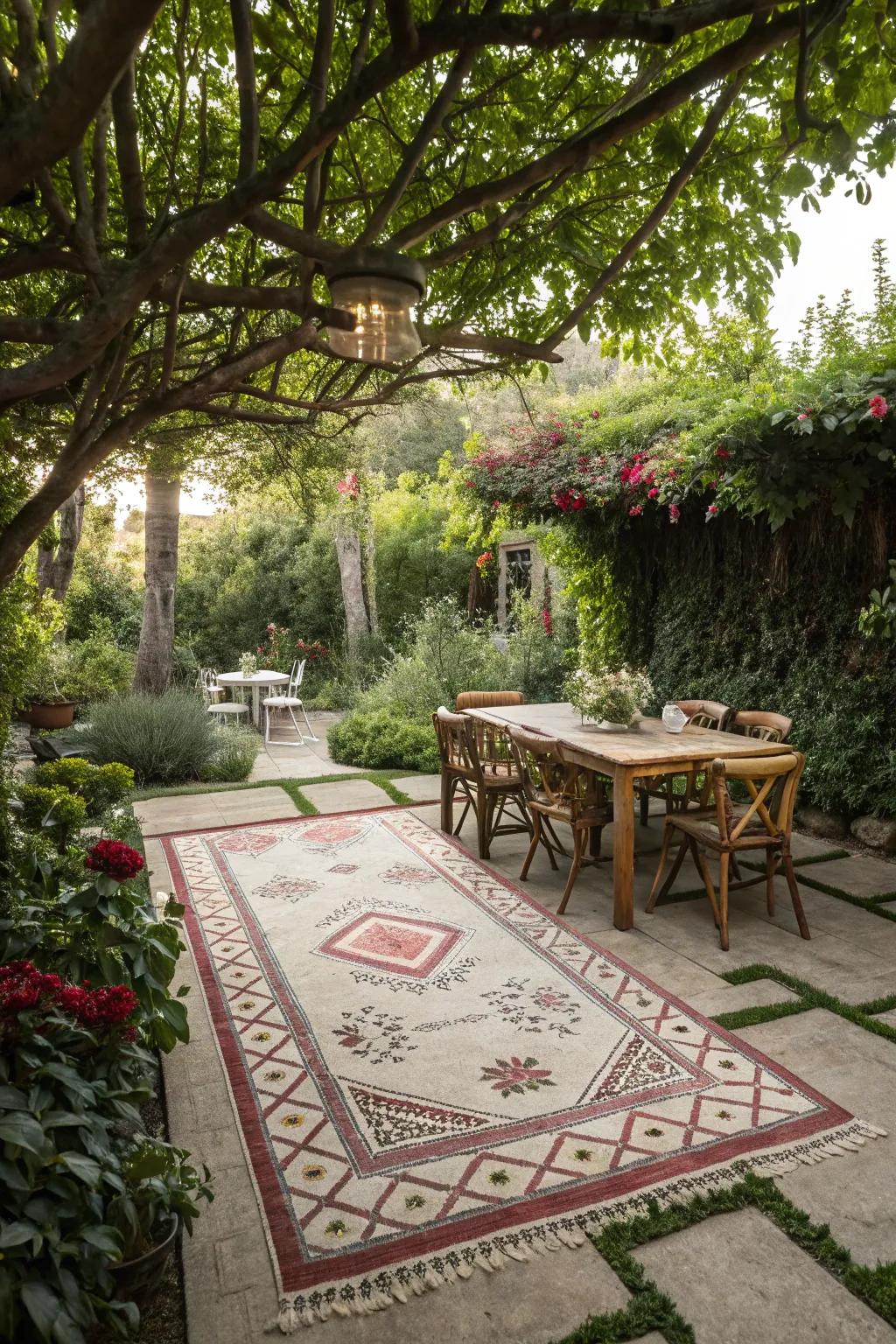An outdoor rug defines spaces and adds a cozy touch.