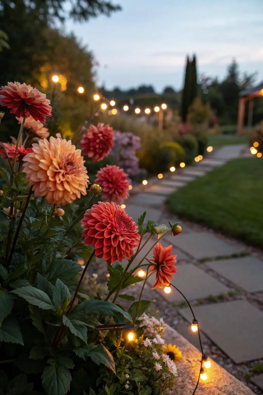 Garden lights casting a glow on evening dahlias.