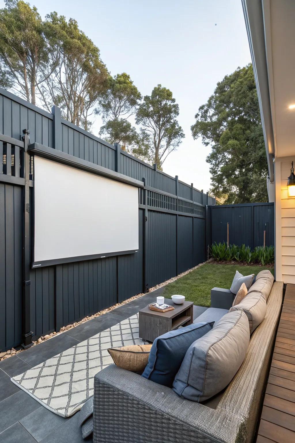 An outdoor entertainment zone with a deep charcoal boundary and a projector screen for movie nights.