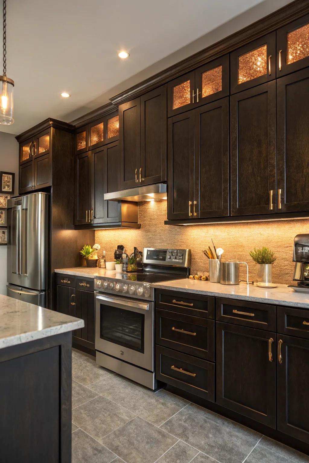 Warm metallic accents introduce luxury and warmth to the kitchen.