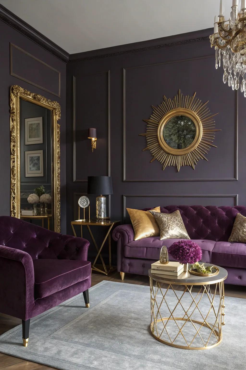 Gold metallic accents add glamour and sophistication to this dark purple living room.
