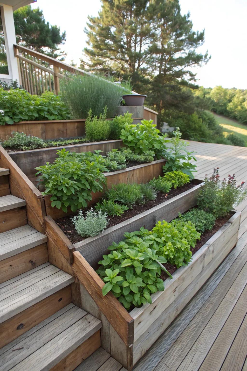 Utilize vertical area with a tiered herb garden.