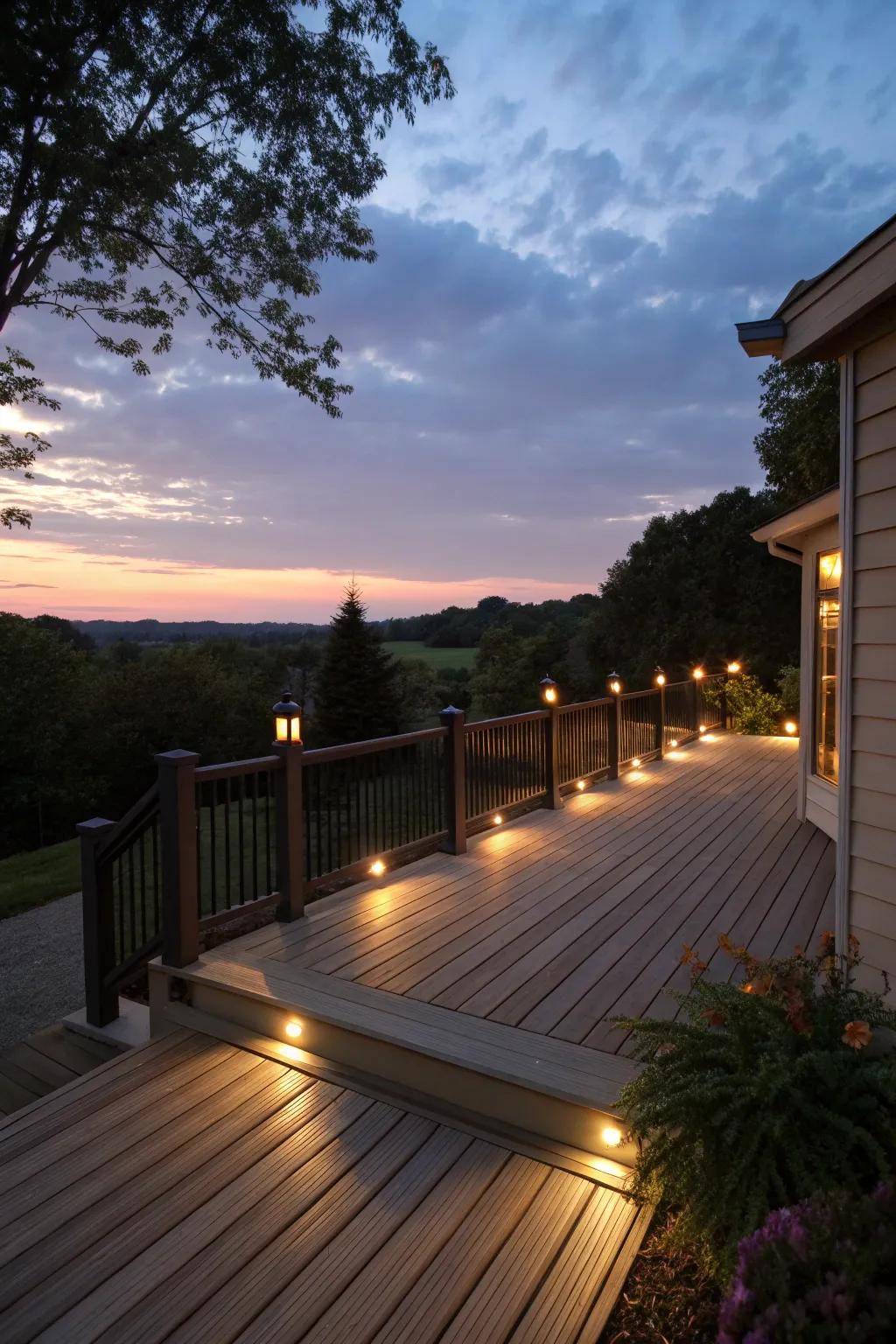 Recessed lighting casts a warm glow, enhancing the patio's ambiance.