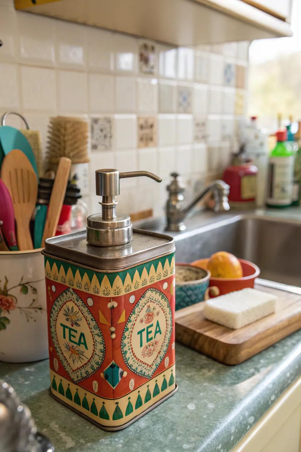 Vintage tea tins add whimsy and nostalgia.