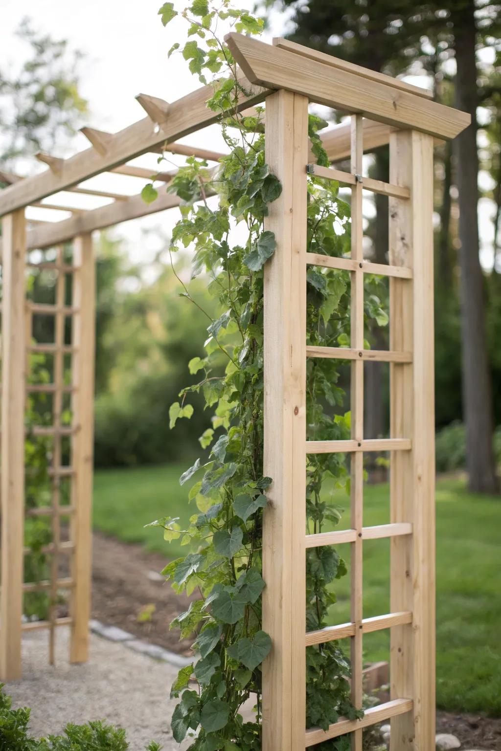 Embrace simplicity and natural beauty with this handcrafted wooden trellis, perfect for showcasing your garden's climbing wonders.