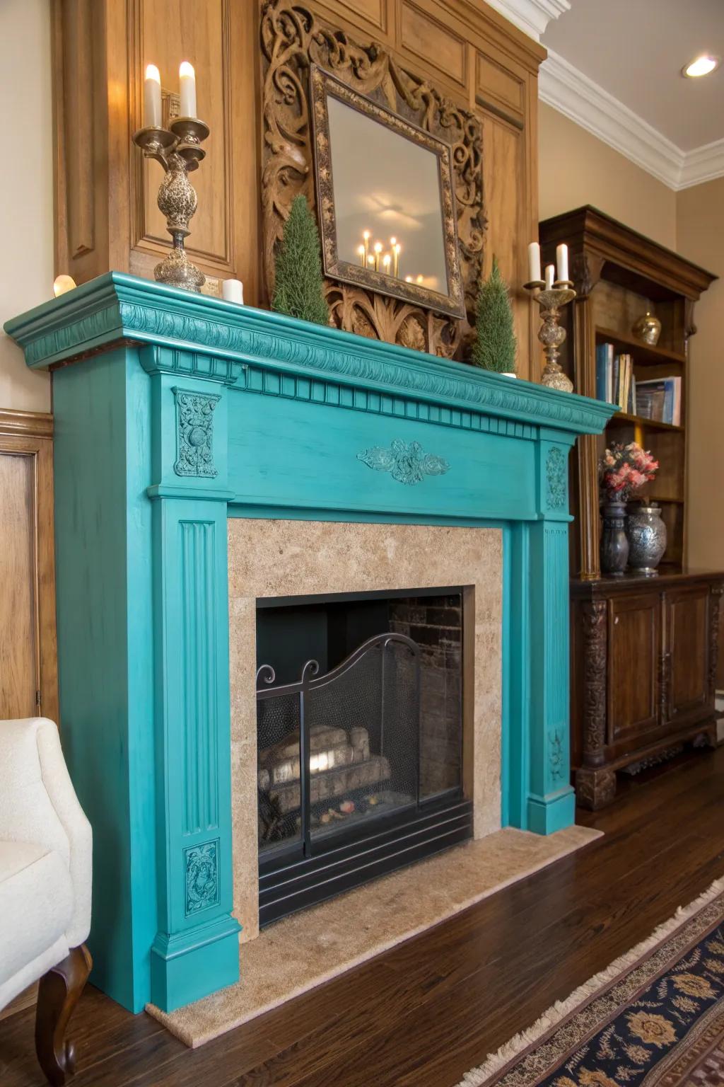 Transform your space with a bold teal mantel: a striking centerpiece for any room.