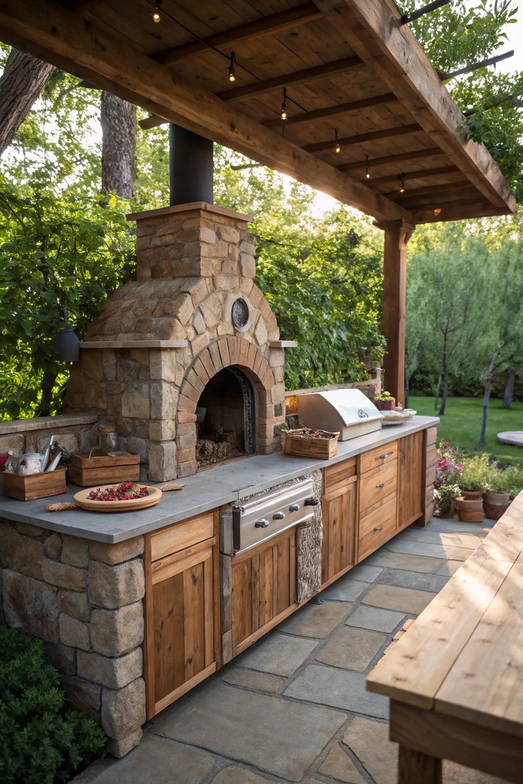 Elevate your grill station with a stunning stone pizza oven for a touch of artisan charm.