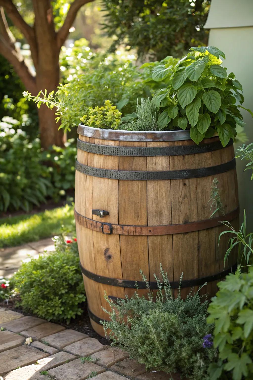 Transform rainwater collection into art with a living rainwater barrel that's both practical and beautiful.