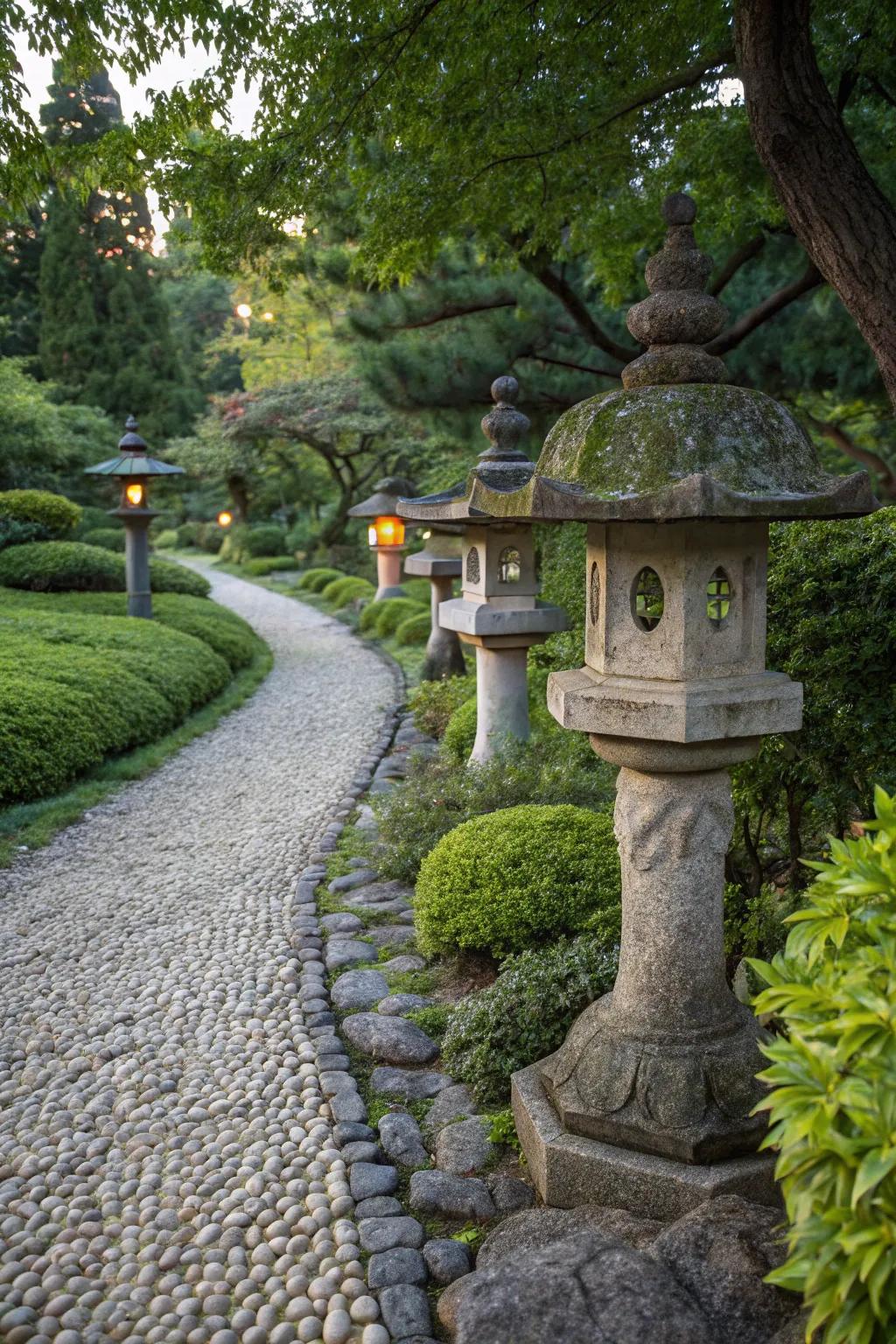 An enchanting pebble path with stone lanterns.
